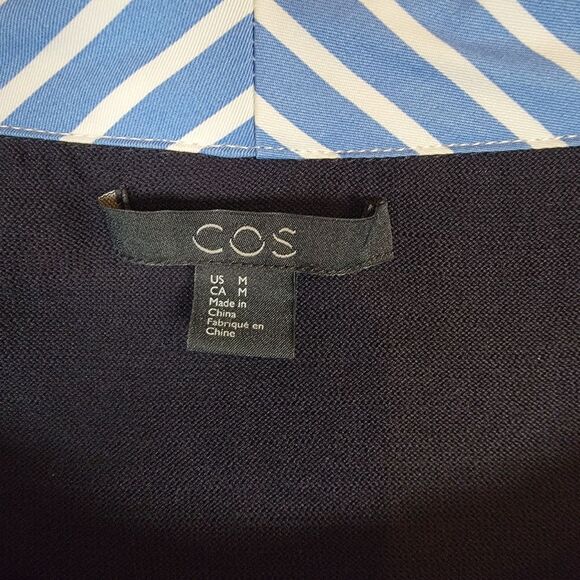 COS Women's Knitted Dress Sz M Black Blue White Striped Boxy Midi Sailor - Picture 3 of 8